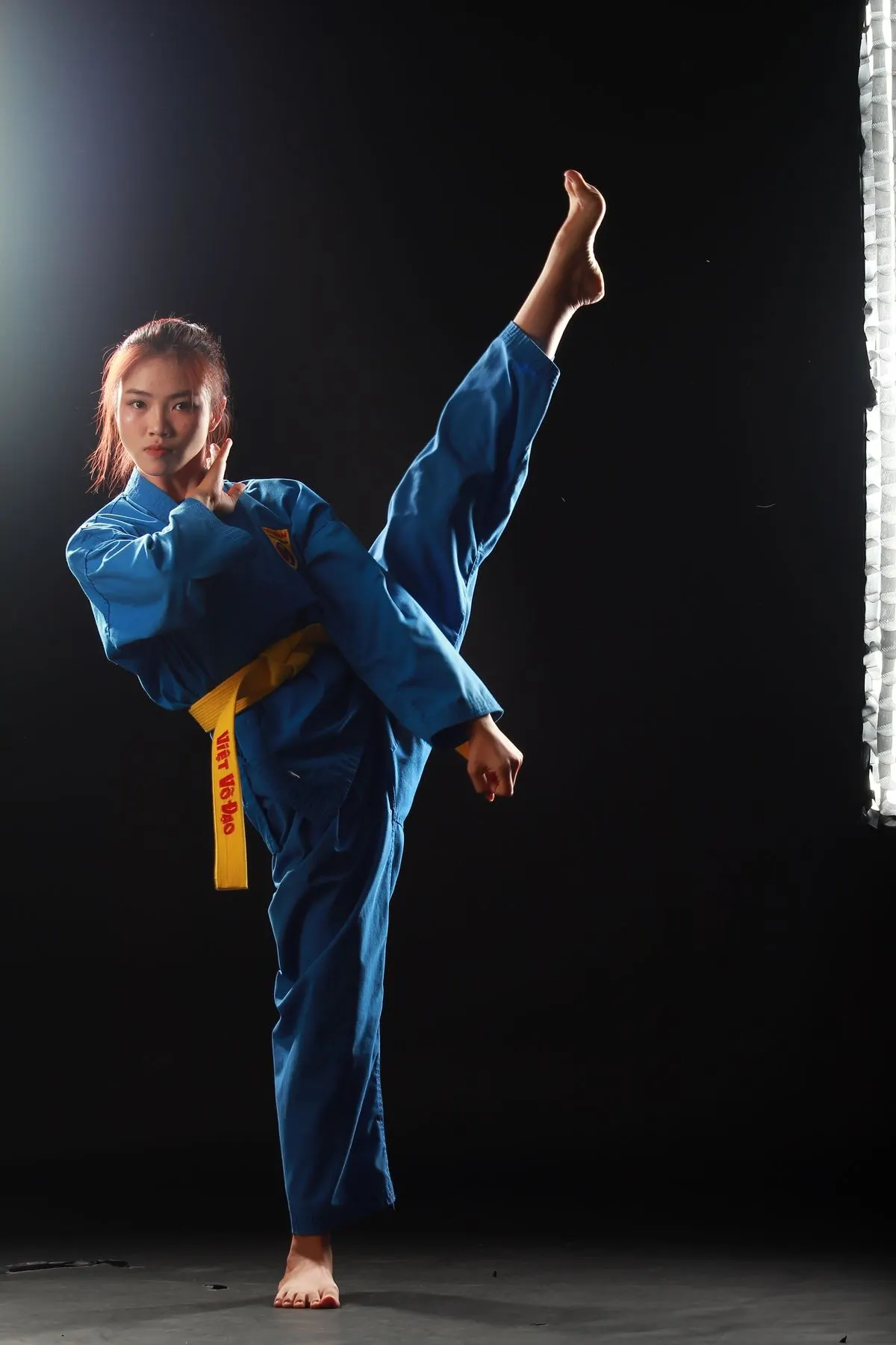 A young student in a dobok practicing a taekwondo stance